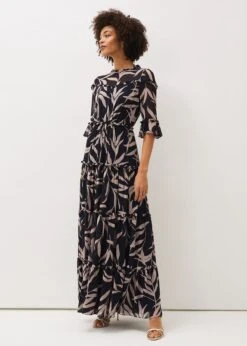 Amber Leaf Print Tiered Maxi Dress
