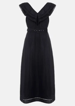 Julieta Black Linen Ruffle Broderie Midi Dress -Floral Und Chic 221554050 99 julieta black linen ruffle broderie midi dress