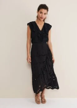 Black Broderie Wrap Maxi Skirt